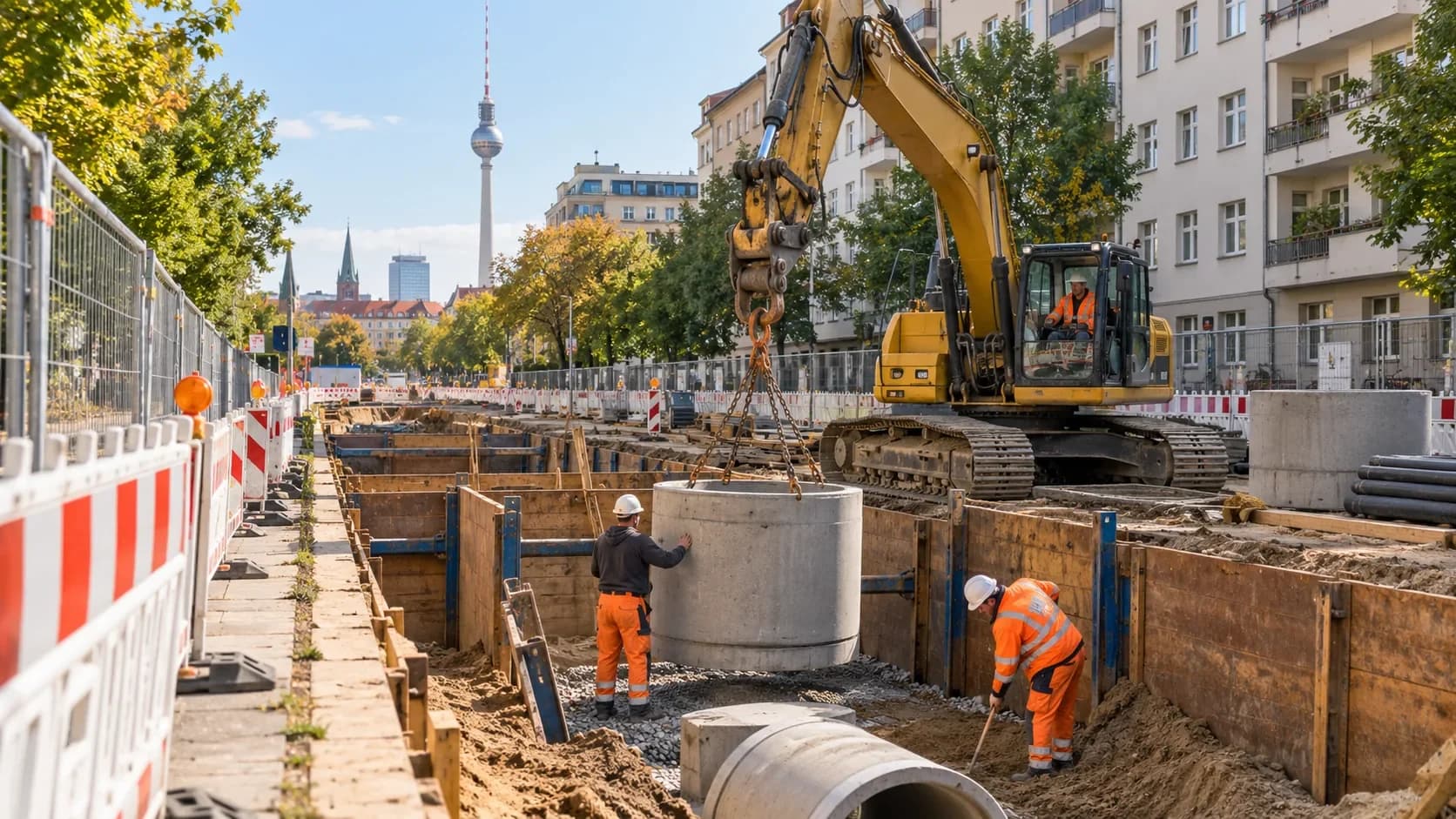 Kanalbau in einer Berliner Straße, im Hintergrund der Fernsehturm.