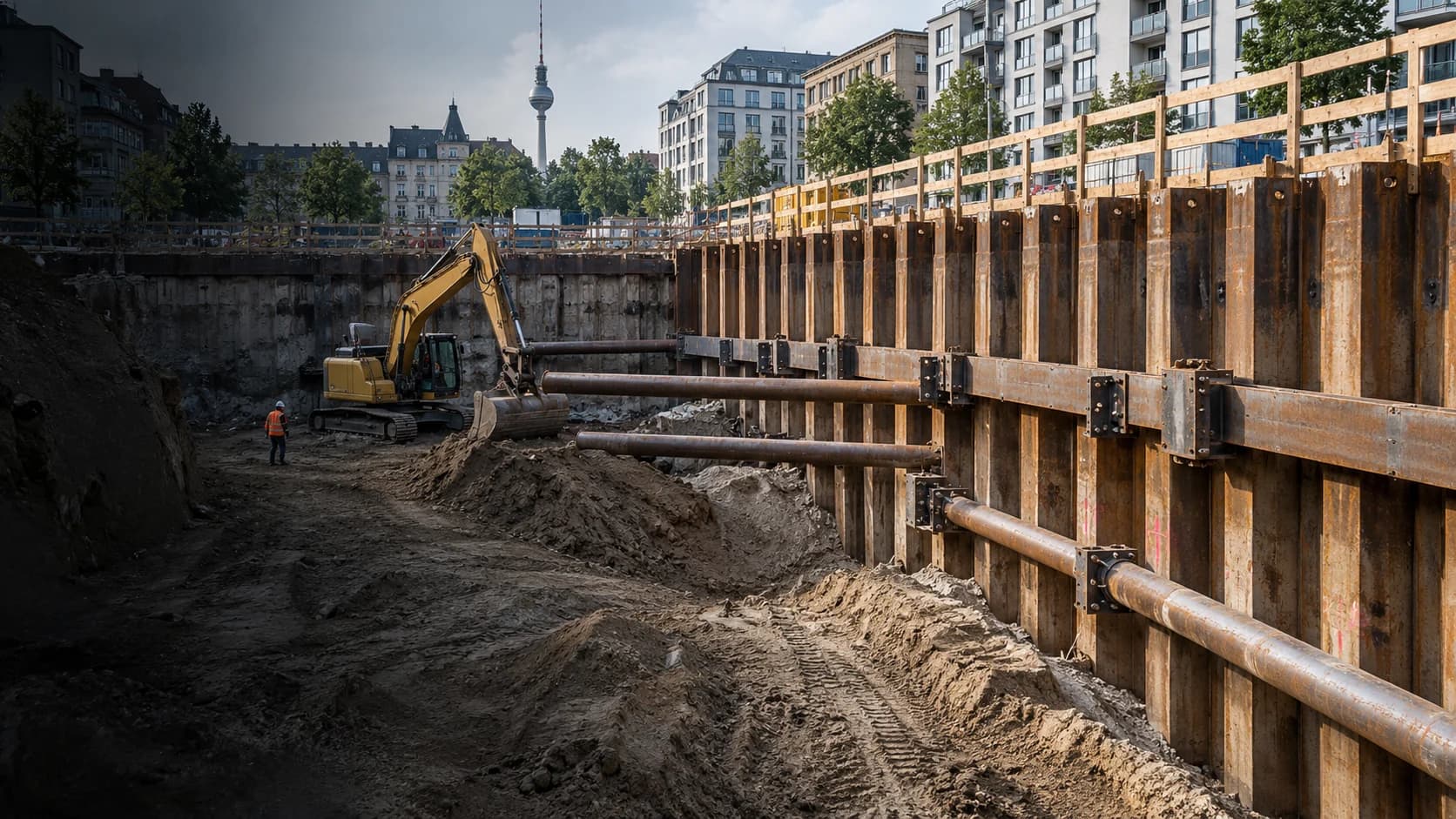Verbaute Baugrube mit Spundwand und Bagger in Berlin.